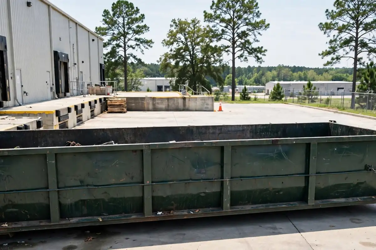 30 yard dumpster at a warehouse loading dock in Asheboro, NC