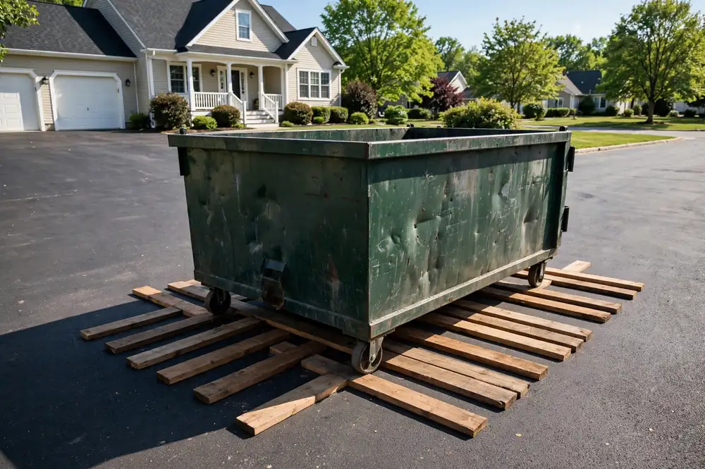 Roll-off dumpster placed on protective boards on a driveway in Asheboro, NC