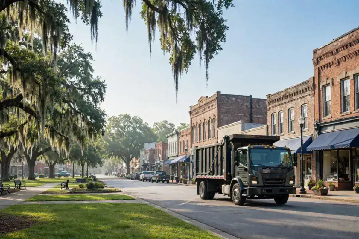Contact Express Dumpster Rental in Asheboro, NC — delivery truck on a local main street