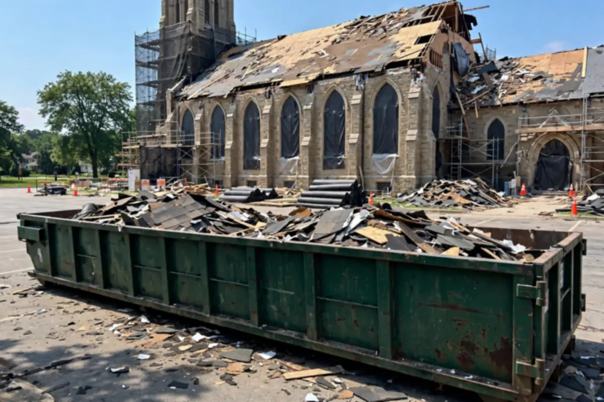 30 yard dumpster at a large church roof tear-off in Asheboro, NC