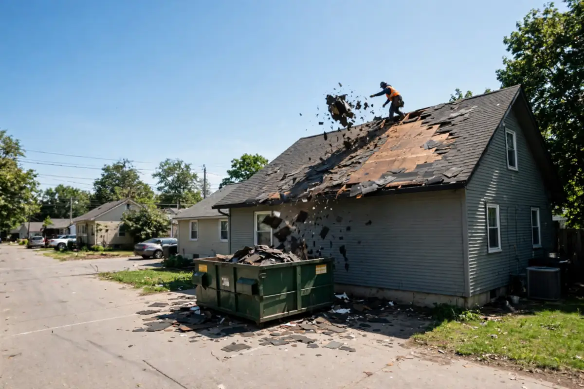 Roofer tossing old shingles into a dumpster below in Asheboro, NC