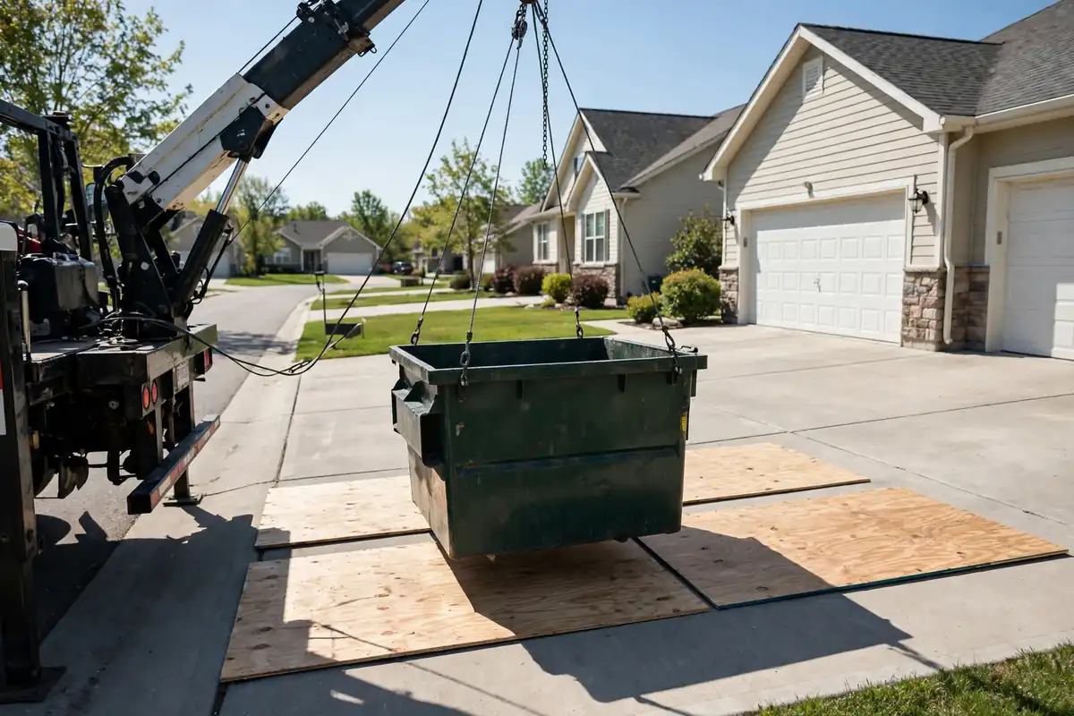 10 yard dumpster placed on protective boards in an Asheboro, NC driveway