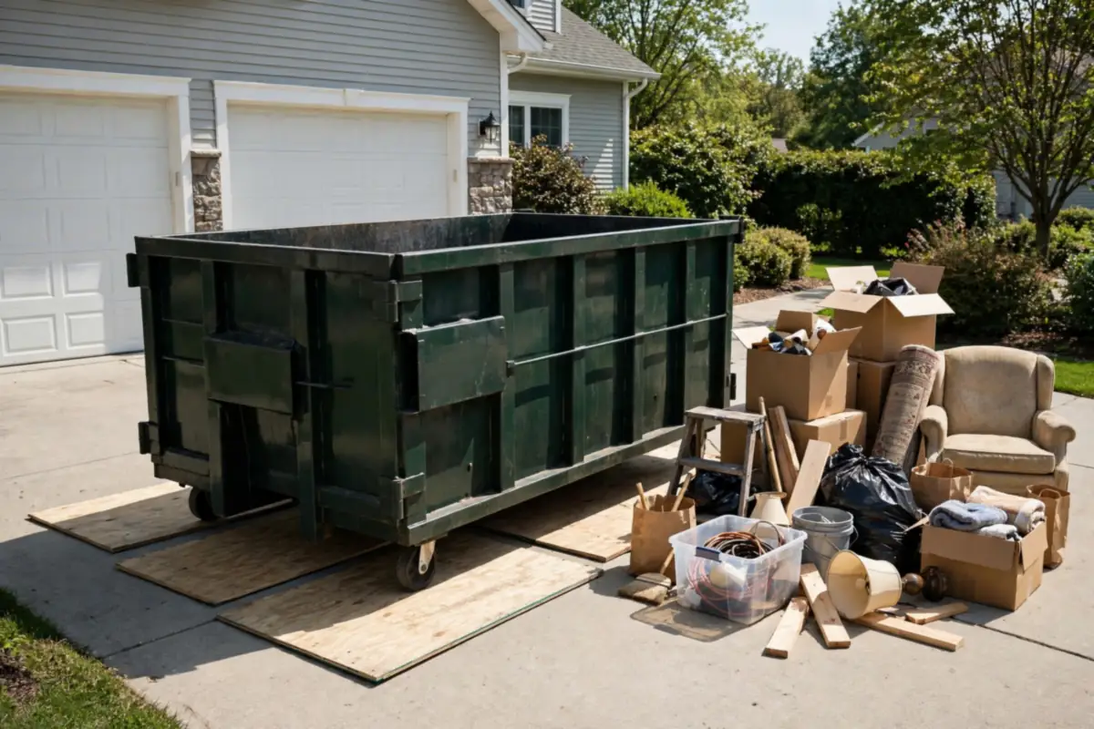 15 yard dumpster on protective boards in an Asheboro, NC driveway