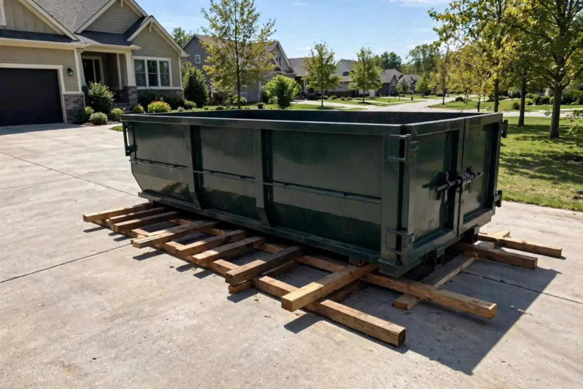 20 yard dumpster freshly delivered onto boards in Asheboro, NC
