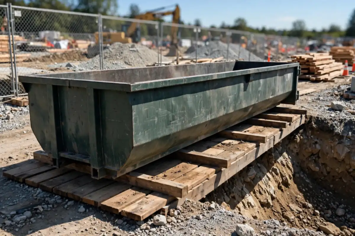30 yard dumpster placed on boards at an Asheboro, NC job site